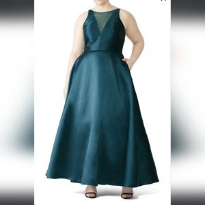 Monique Lhuillier Sheer Dotted Teal Mesh Ball Gown Women's Size 16